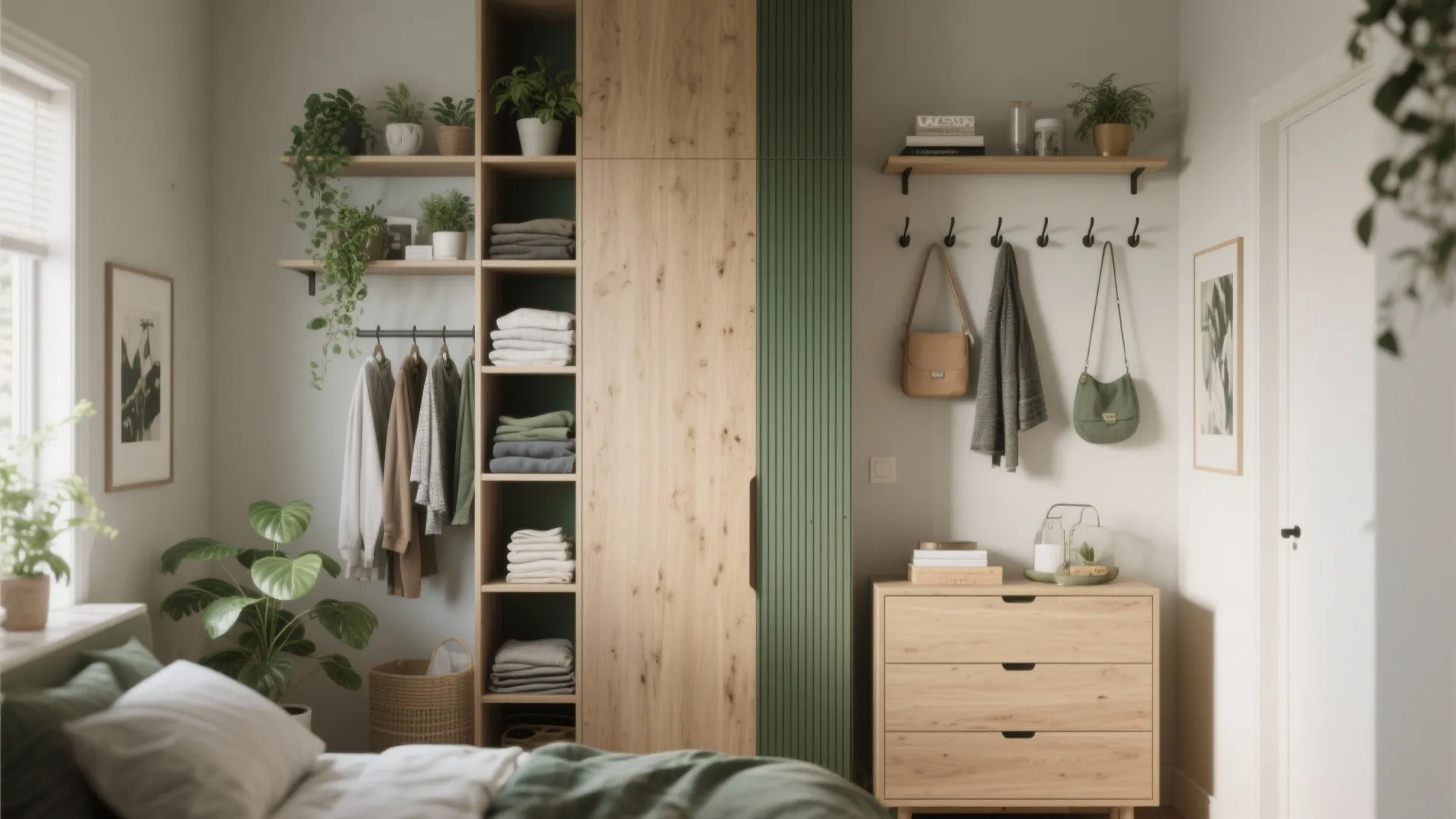 Organized bedroom with wooden cabinet green wall panel open shelves hanging clothes and several green plants