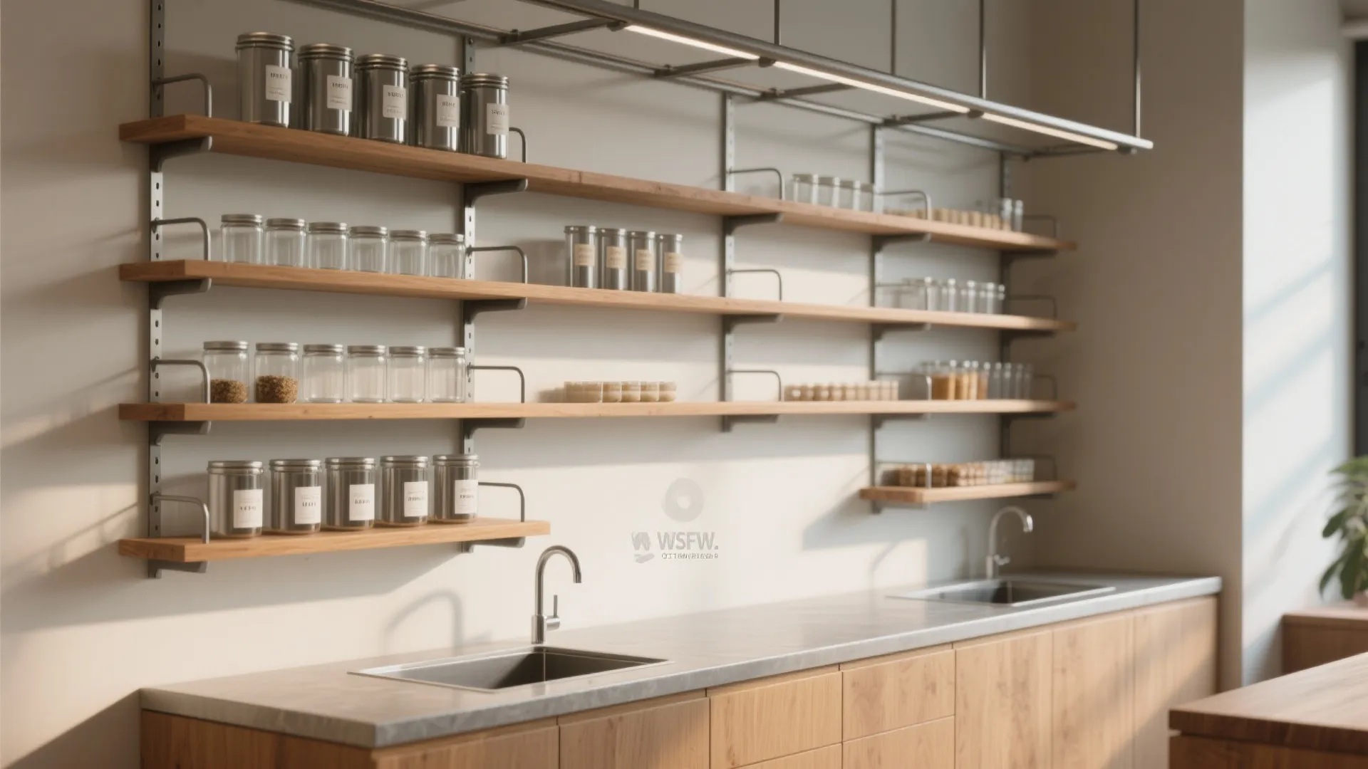 Open wall storage with wooden shelves and metal jars above a modern kitchen sink area