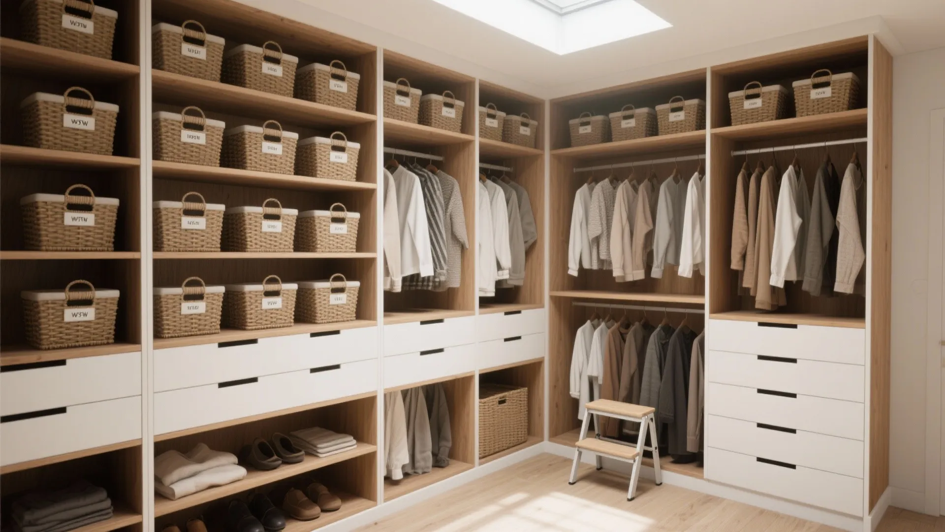 Large walk in closet with wooden shelves woven baskets hanging clothes white drawers and small ladder