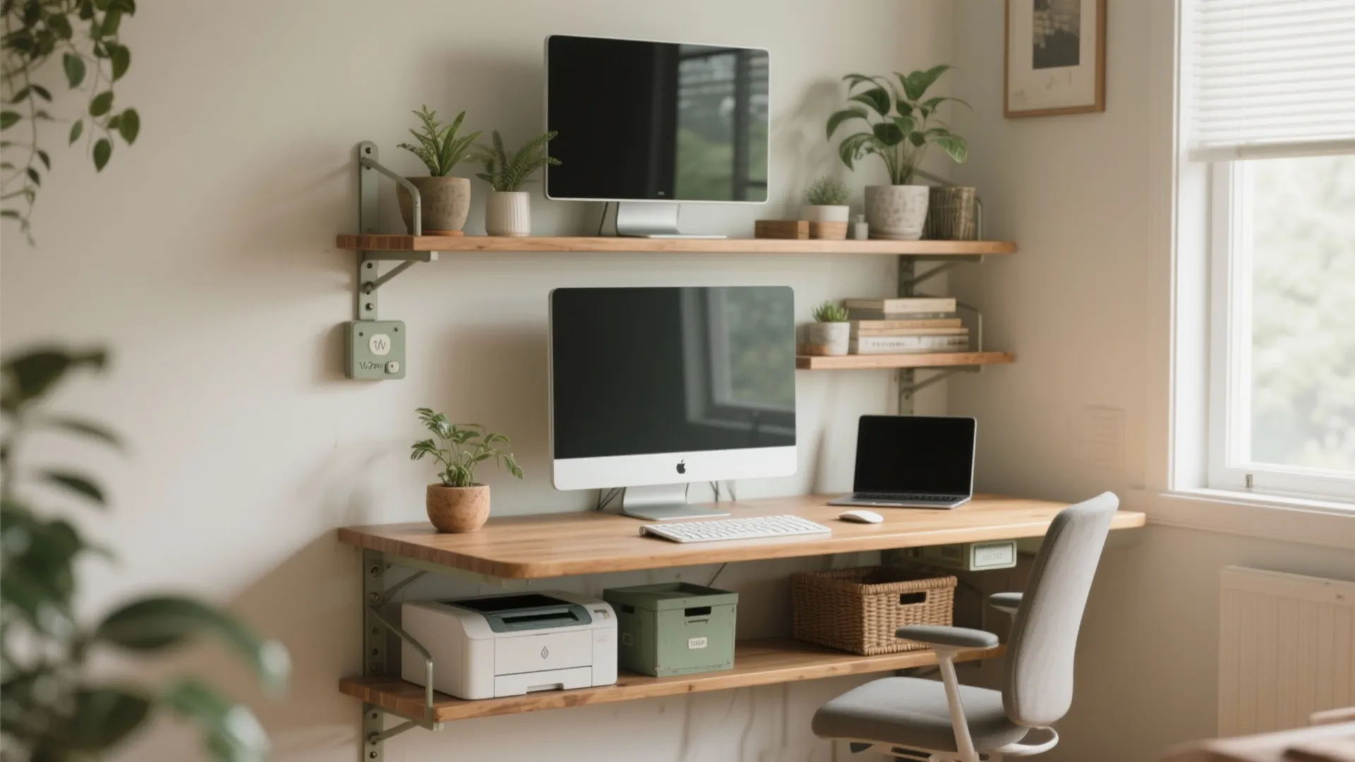 Narrow vertical workstation with top shelf monitor, middle desk surface, and storage below, showing ergonomic setup.