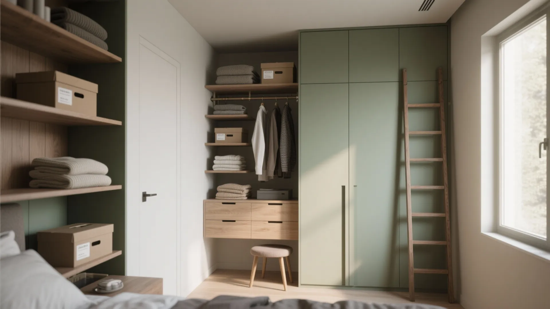 Bedroom storage area with green cabinet doors wooden shelves boxes a small stool and wooden ladder
