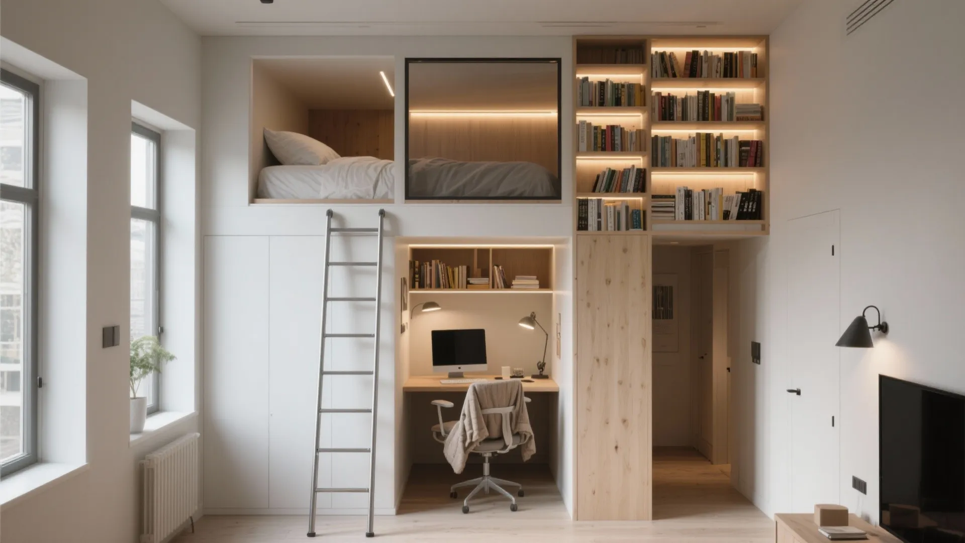 Modern studio apartment with loft bed reached by ladder plus workspace and tall wooden bookshelf design