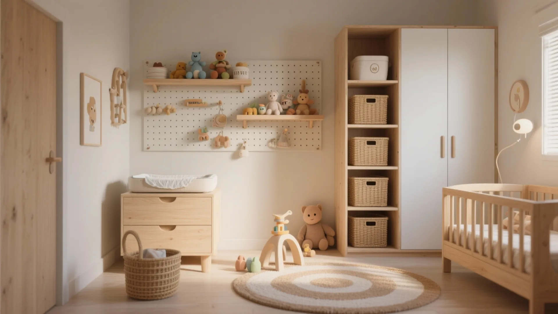 Light wood nursery room with pegboard storage wall cabinet baby bed and round striped rug