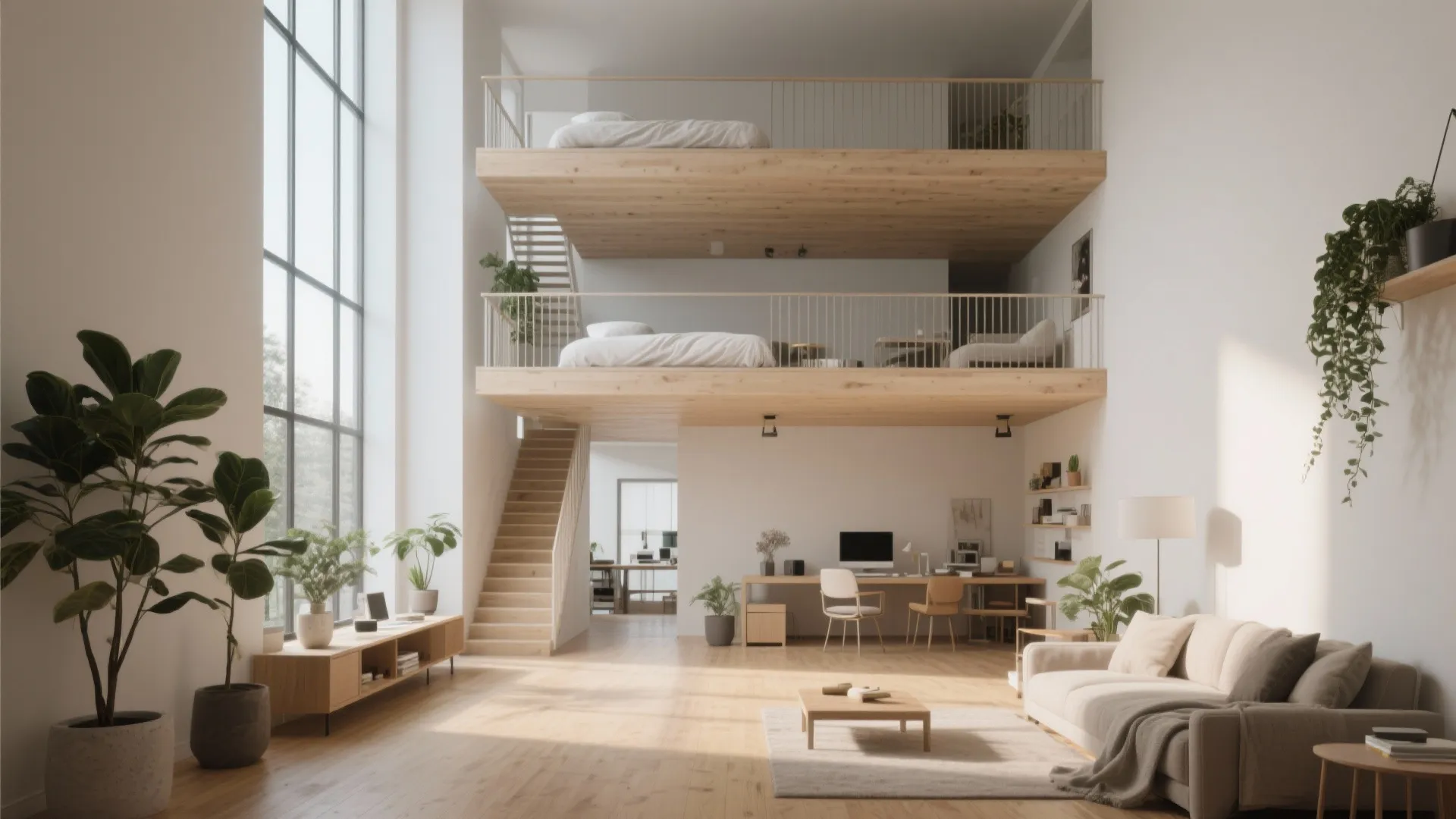Modern high ceiling living room with wooden stairs leading to two levels of loft bedrooms