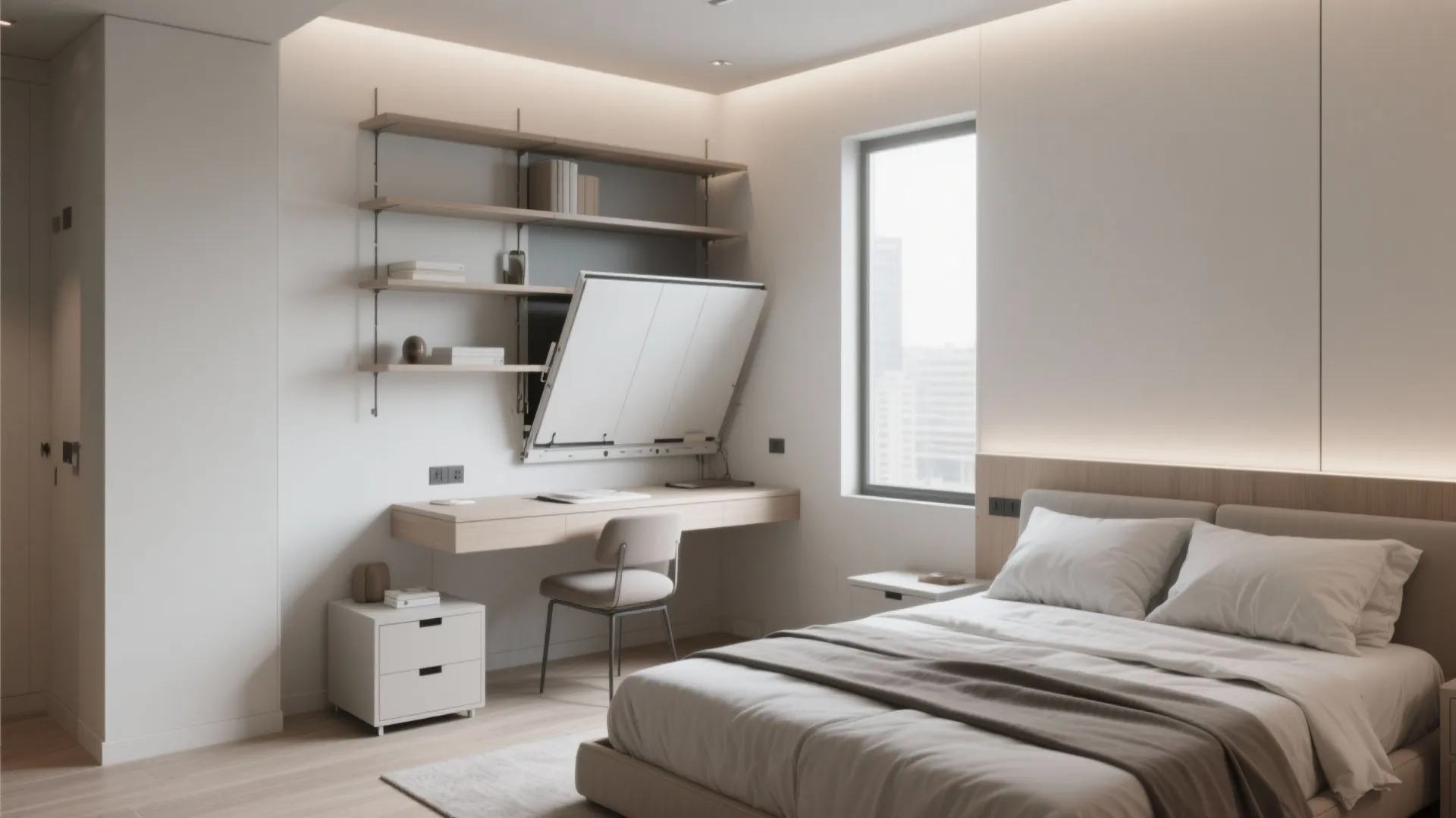 Modern bedroom with a folding desk, wooden shelves, a comfortable bed, and a large window