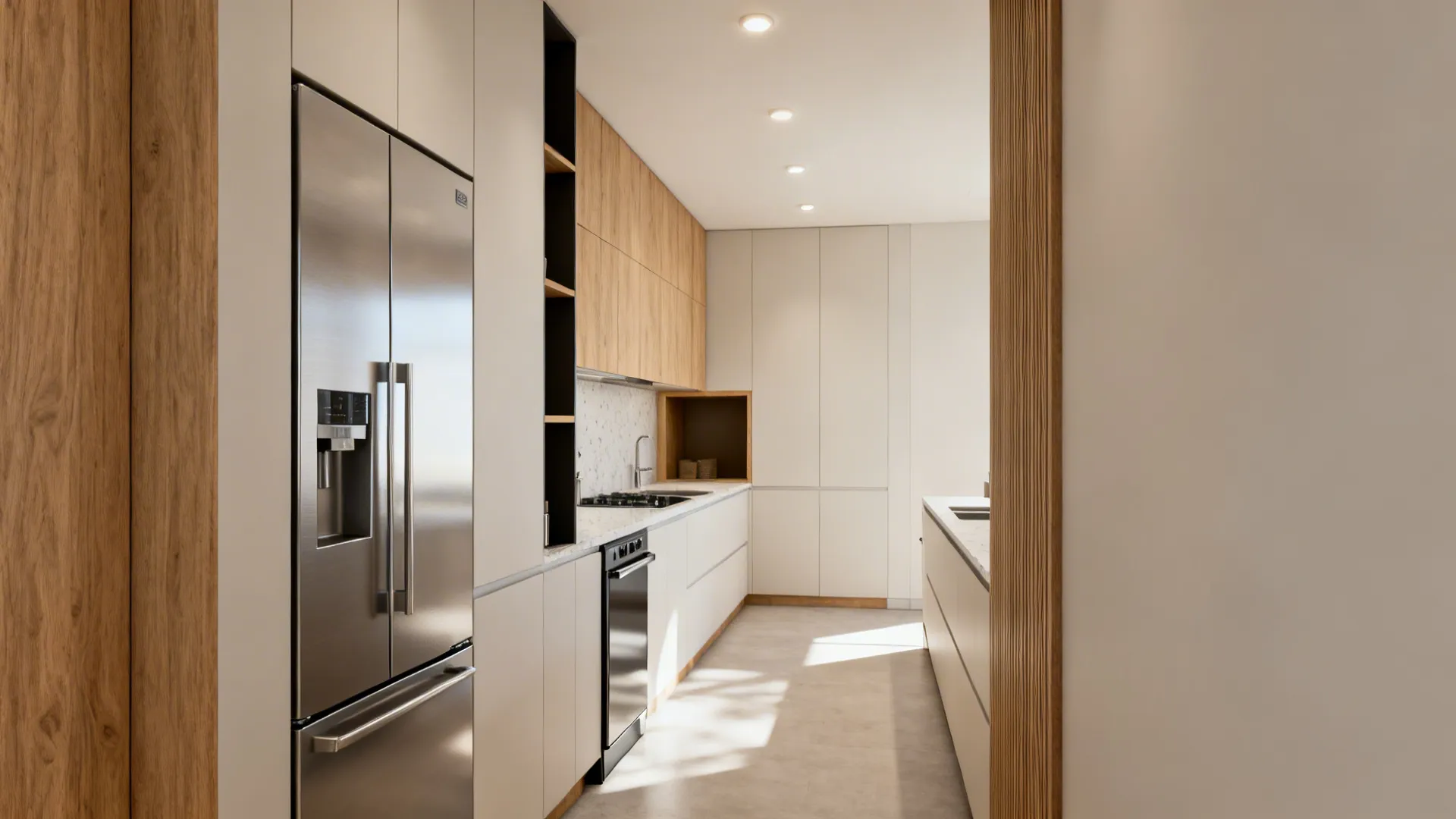 Narrow kitchen with a tall pantry, slim appliances, and a clear central aisle.