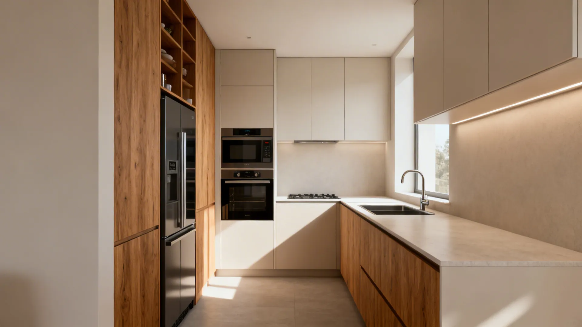 Compact galley with a tall pantry and appliance stack zoned on the short wall and a clear prep run.