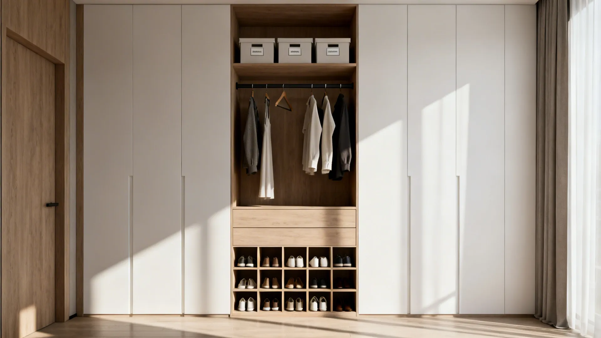 Floor-to-ceiling closet with shoes, double rods, and labeled top bins arranged in vertical zones.