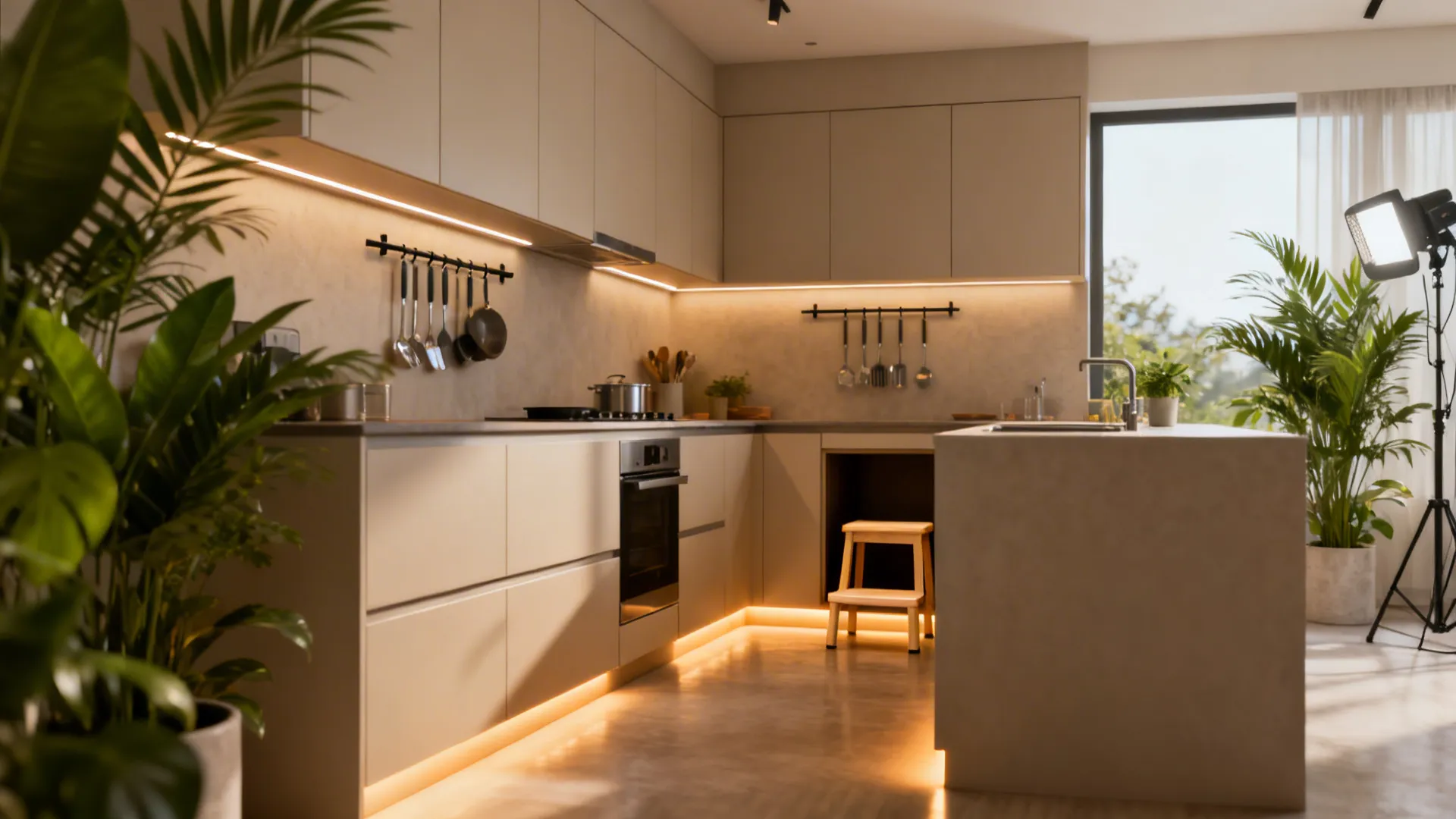 Small kitchen with floor-to-ceiling vertical storage and integrated under-cabinet lighting