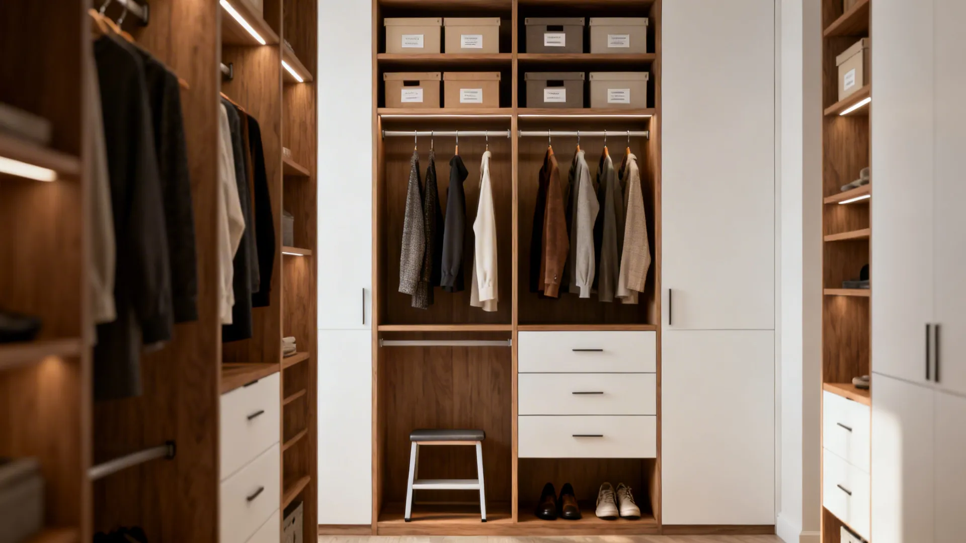 Closet interior showing stacked vertical storage: high shelves, mid hanging rails, low drawers and a small step stool.