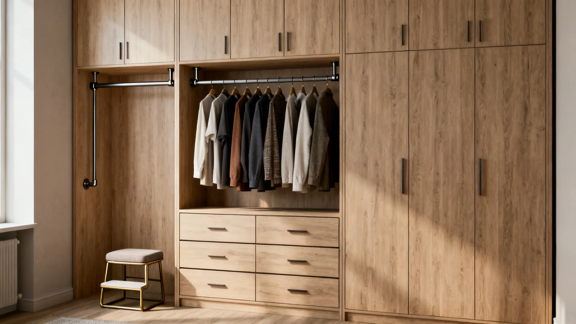Large wooden closet with hanging clothes many drawers and cabinets plus a small gold stool