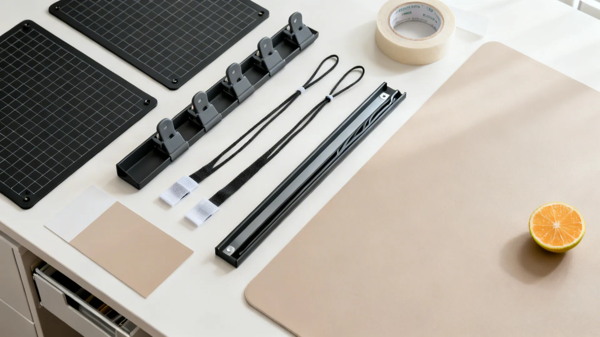 Flat lay of wall grid panels, clips, cable tray, velcro ties, and hardware for a small office.