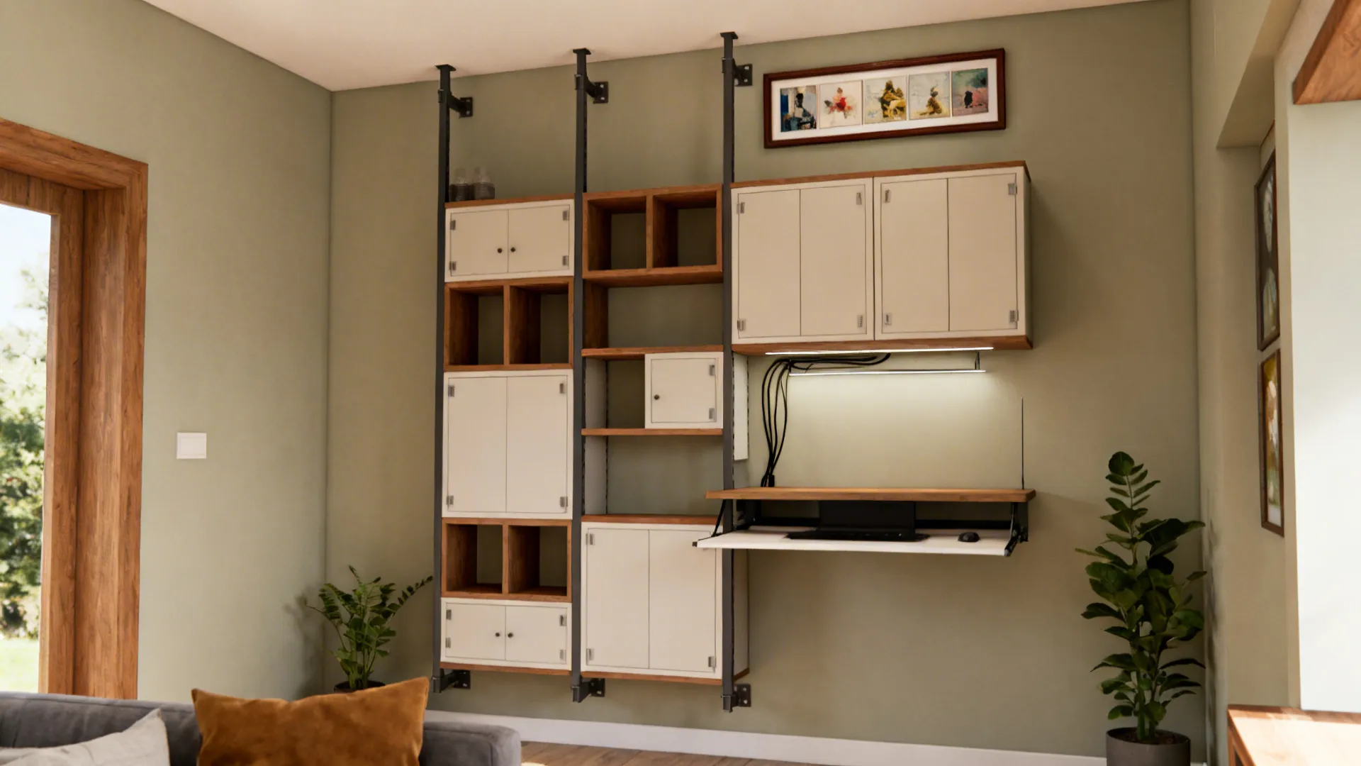 Small living room with tall shelves, picture rail, and a fold-down console desk.