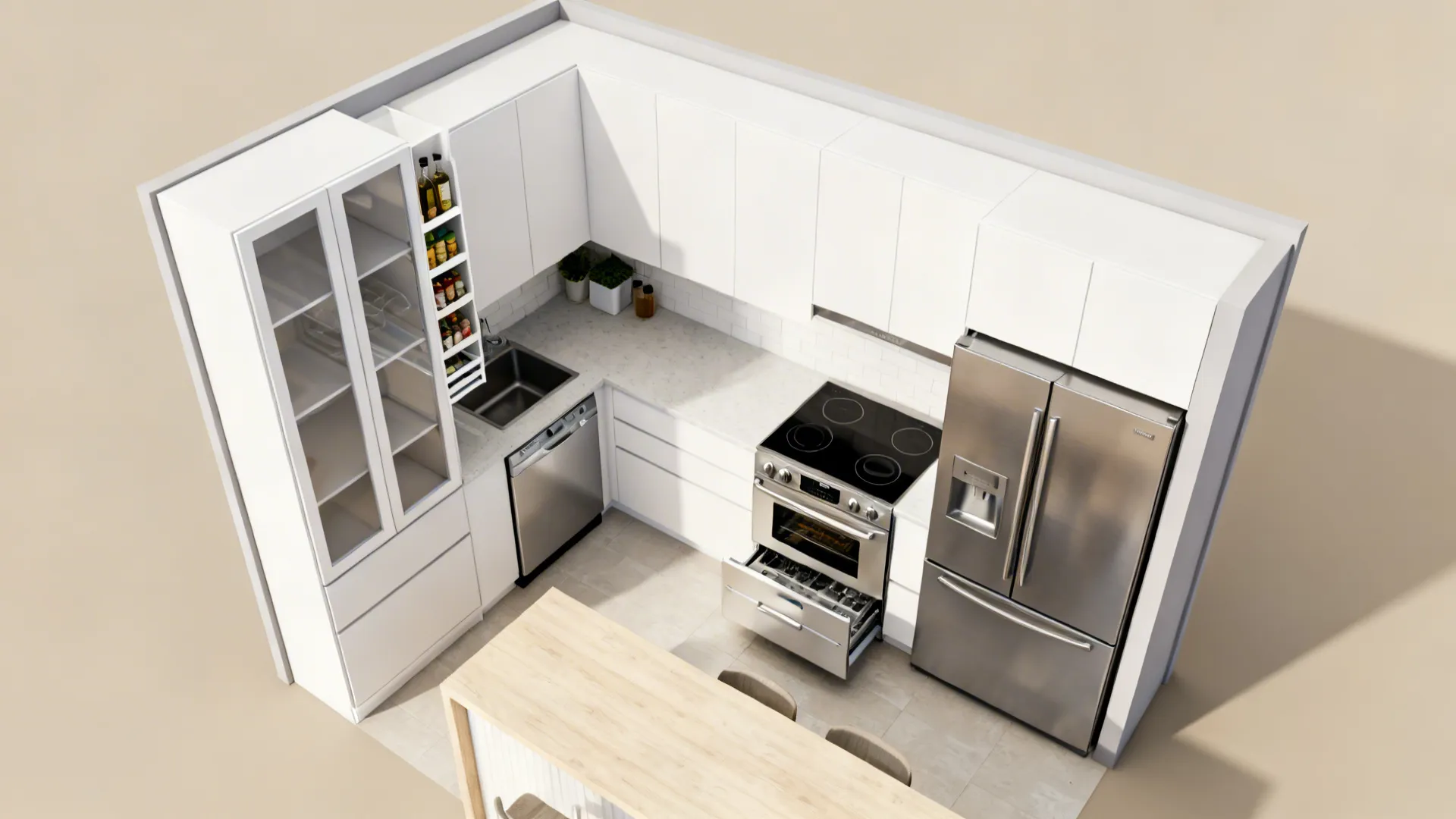 Top-down plan of a 7x12 kitchen with tall pantry, narrow pull-outs, and compact appliances.