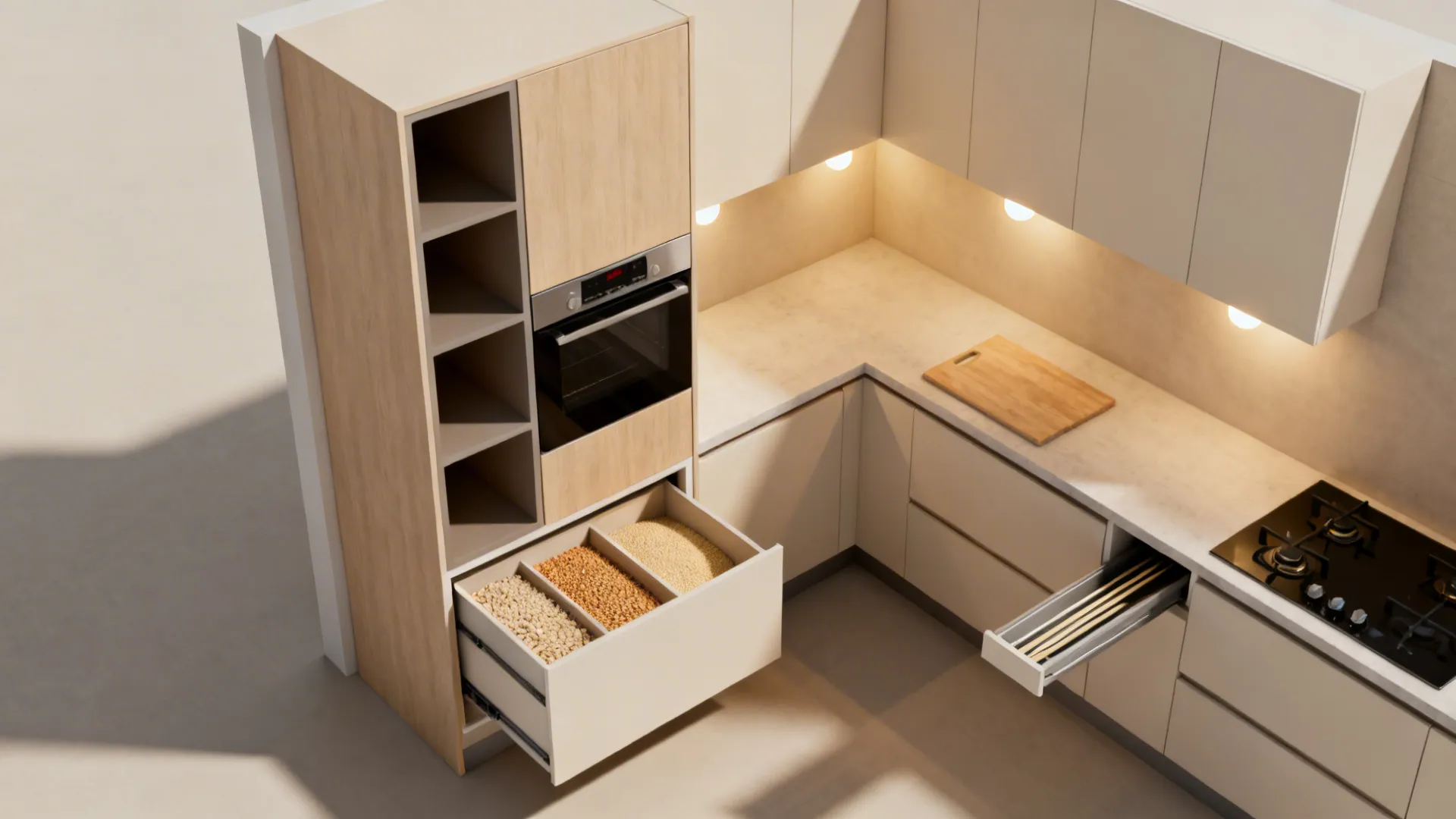 Top-down layout marking tall unit, slim pull-out, and deep drawer zones in a compact kitchen.