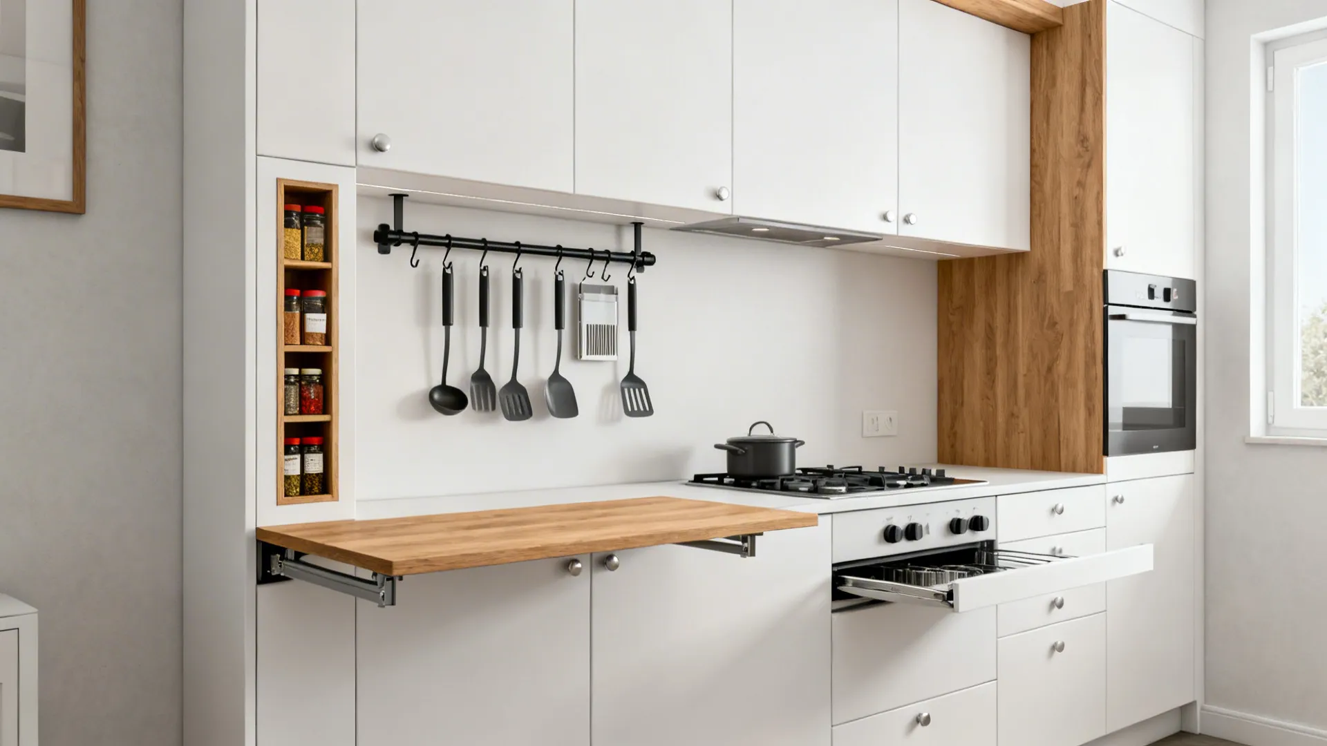 Compact kitchen wall with a magnetic rail, slim spice niche, and a fold-down counter.