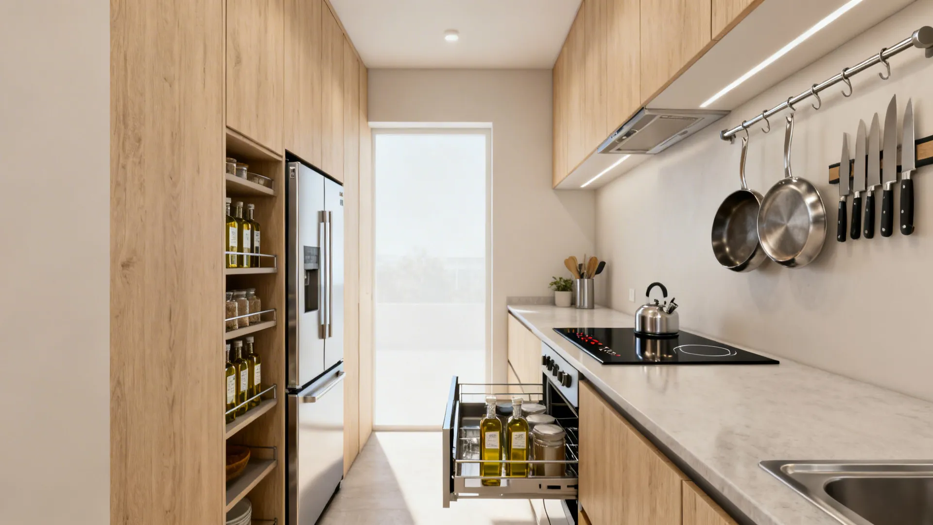 Small kitchen with slim counter-depth fridge, 60 cm induction, rail storage, and a narrow pull-out.