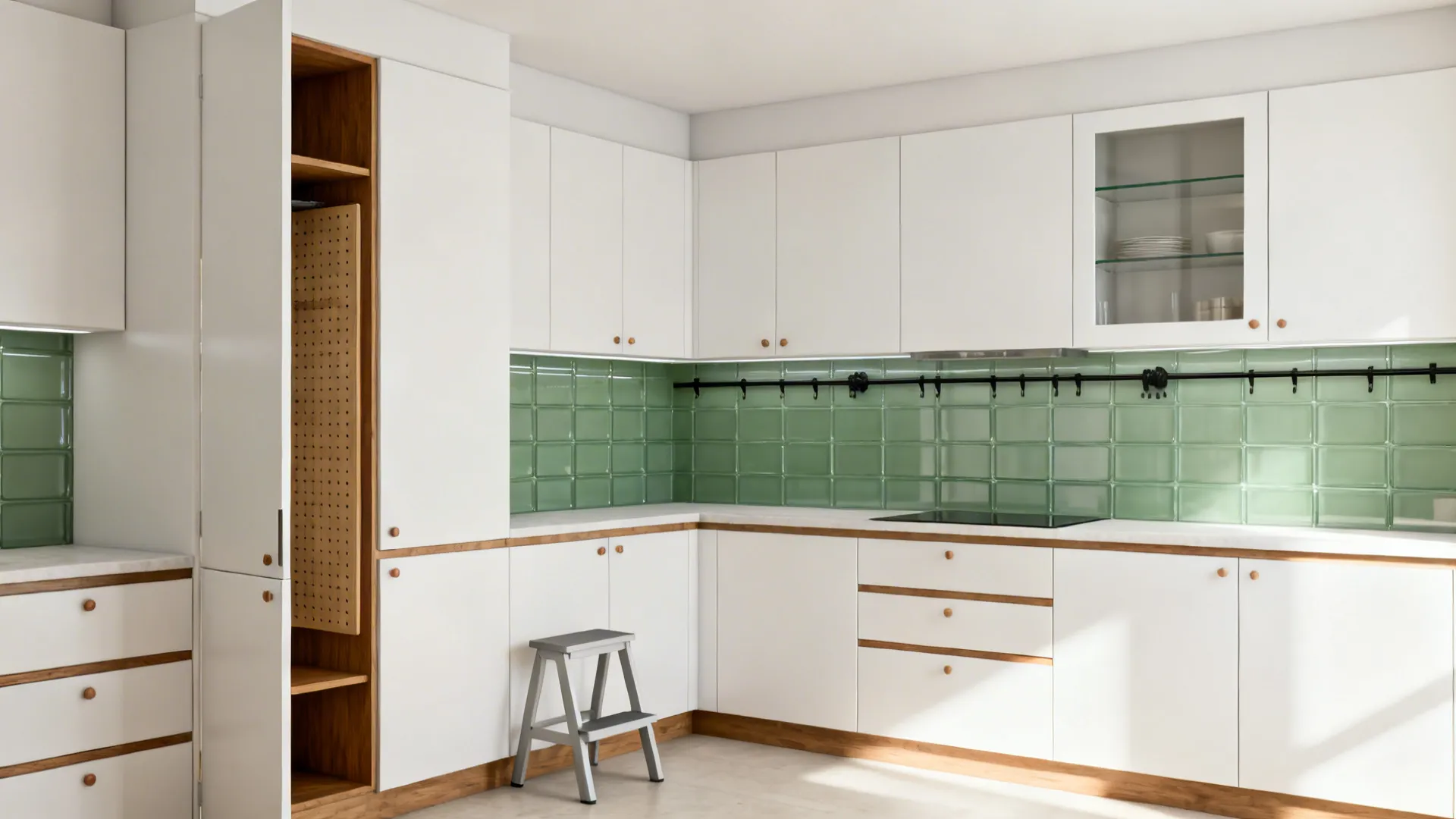 Small kitchen with ceiling-height cabinets, magnetic rails, and a pegboard, lit by soft daylight.