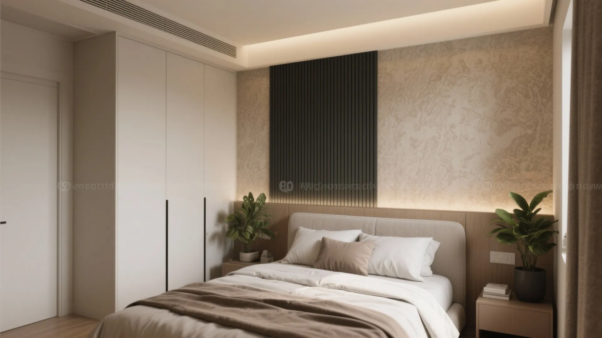 Modern bedroom with white wardrobe wood wall panel warm lighting green plants and soft neutral bedding