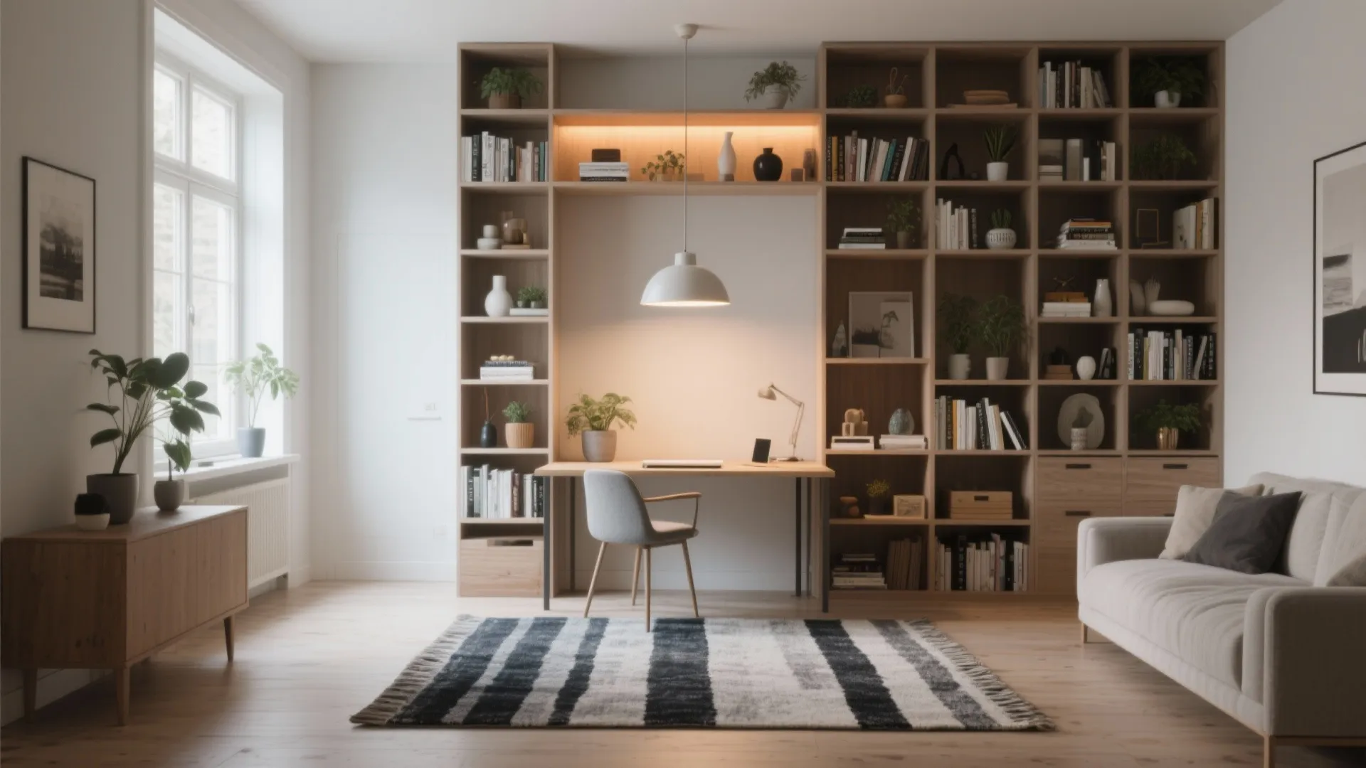 3. Vertical zoning with open shelving and rugs