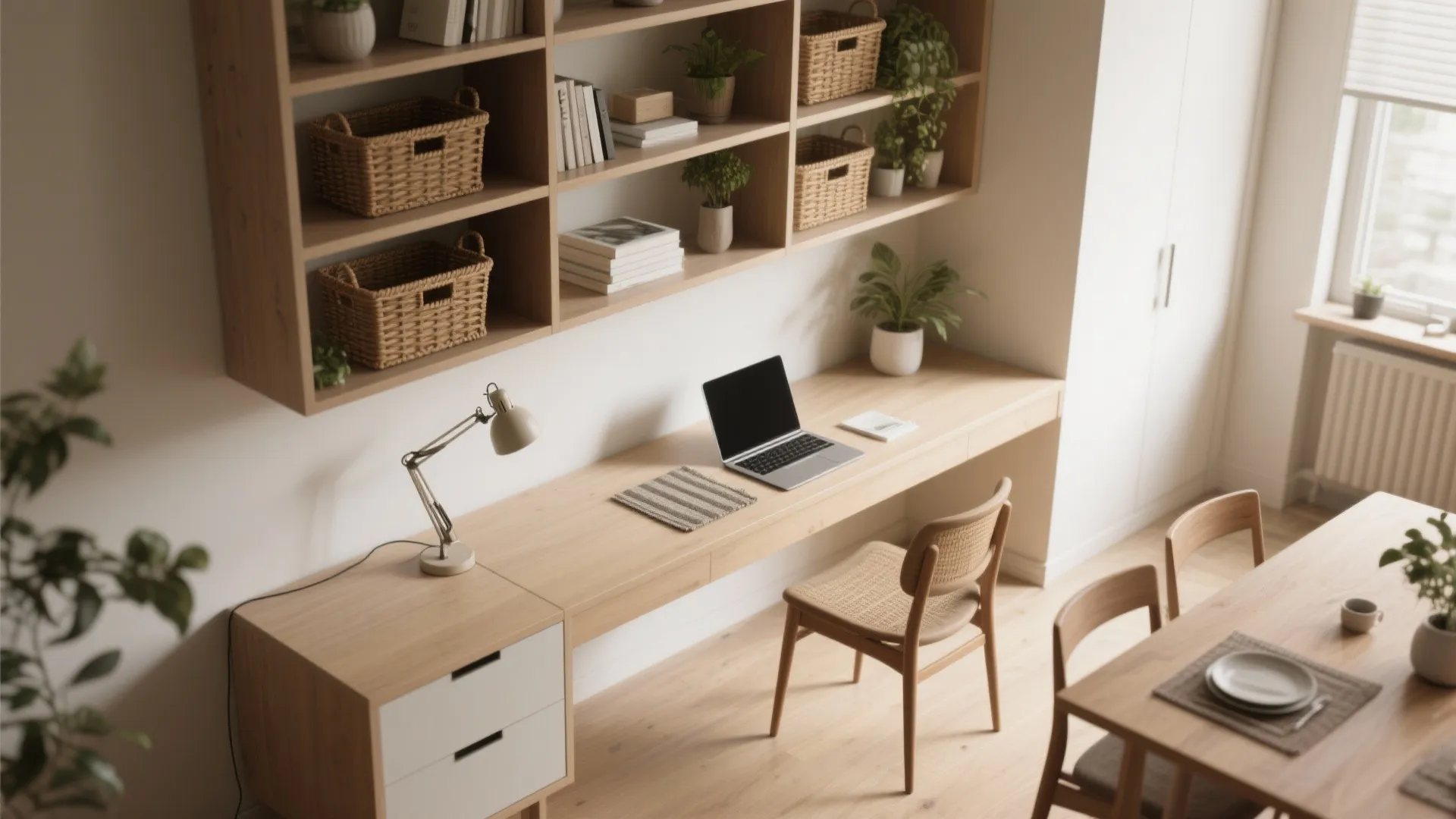 3. Vertical zoning with open shelving and a narrow desk