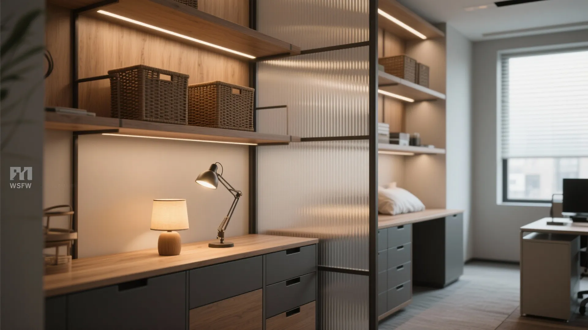 4. Vertical Zoning with Shelves and Lighting