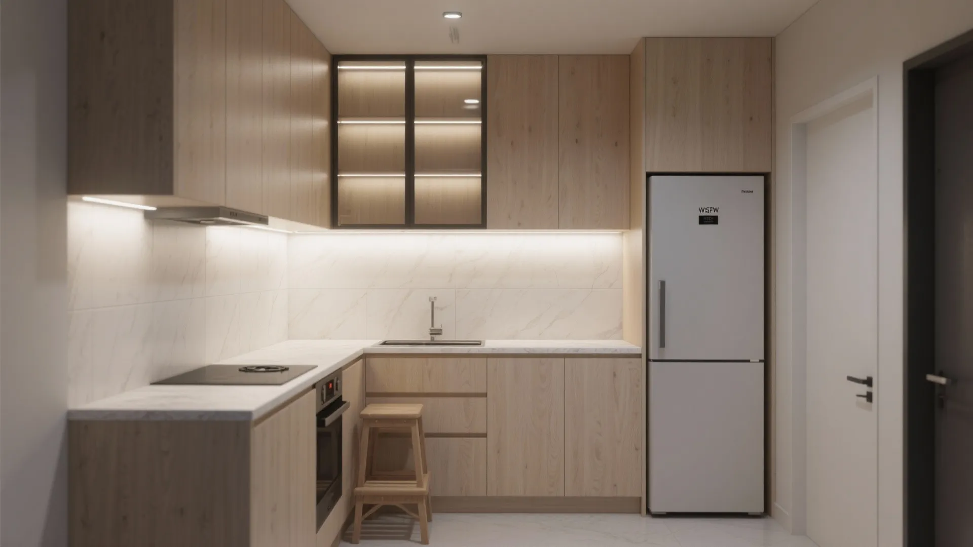 Vertical zoning: ceiling-high cabinets and a light shelf