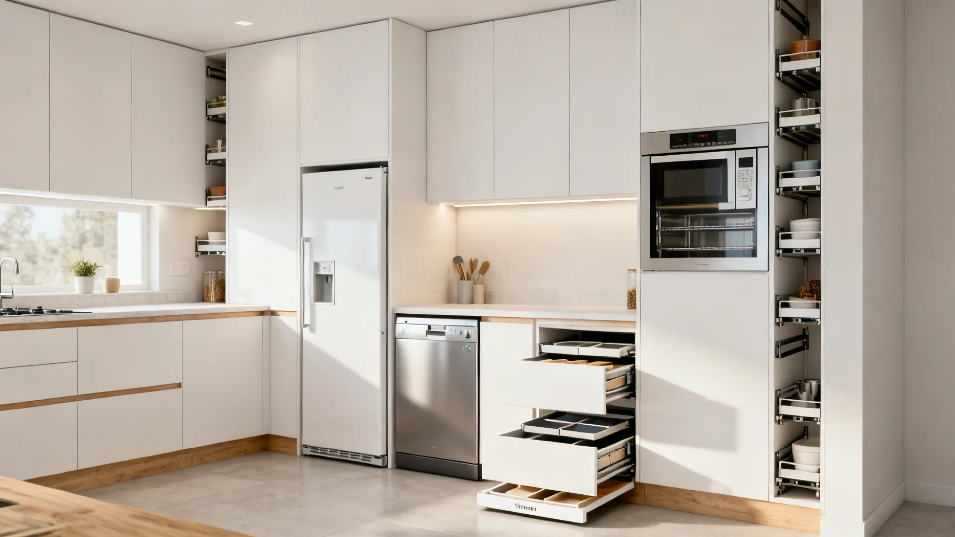 Floor-to-ceiling pantry towers and slim appliances maximize storage in a 6x8 kitchen.