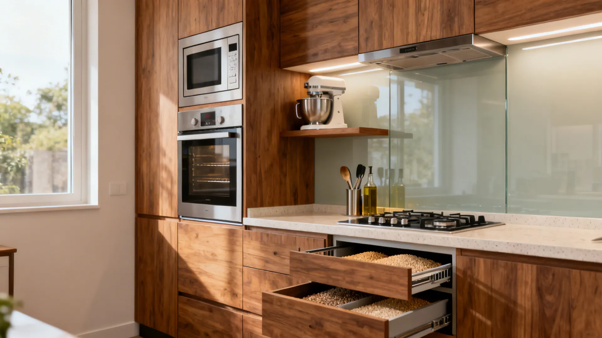 Small kitchen with a tall unit for microwave and mixer, plus a slim oil pull-out beside the hob.