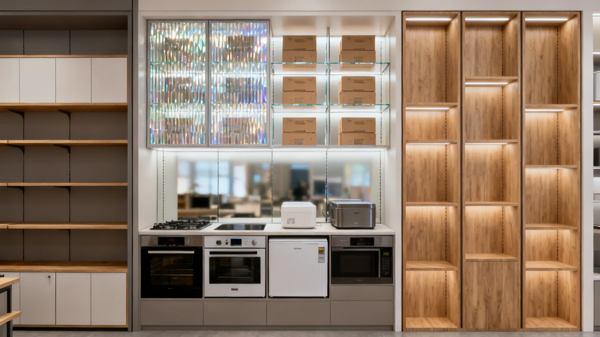 Before-and-after wall display showing clutter removed and clear vertical zoning with glass doors.