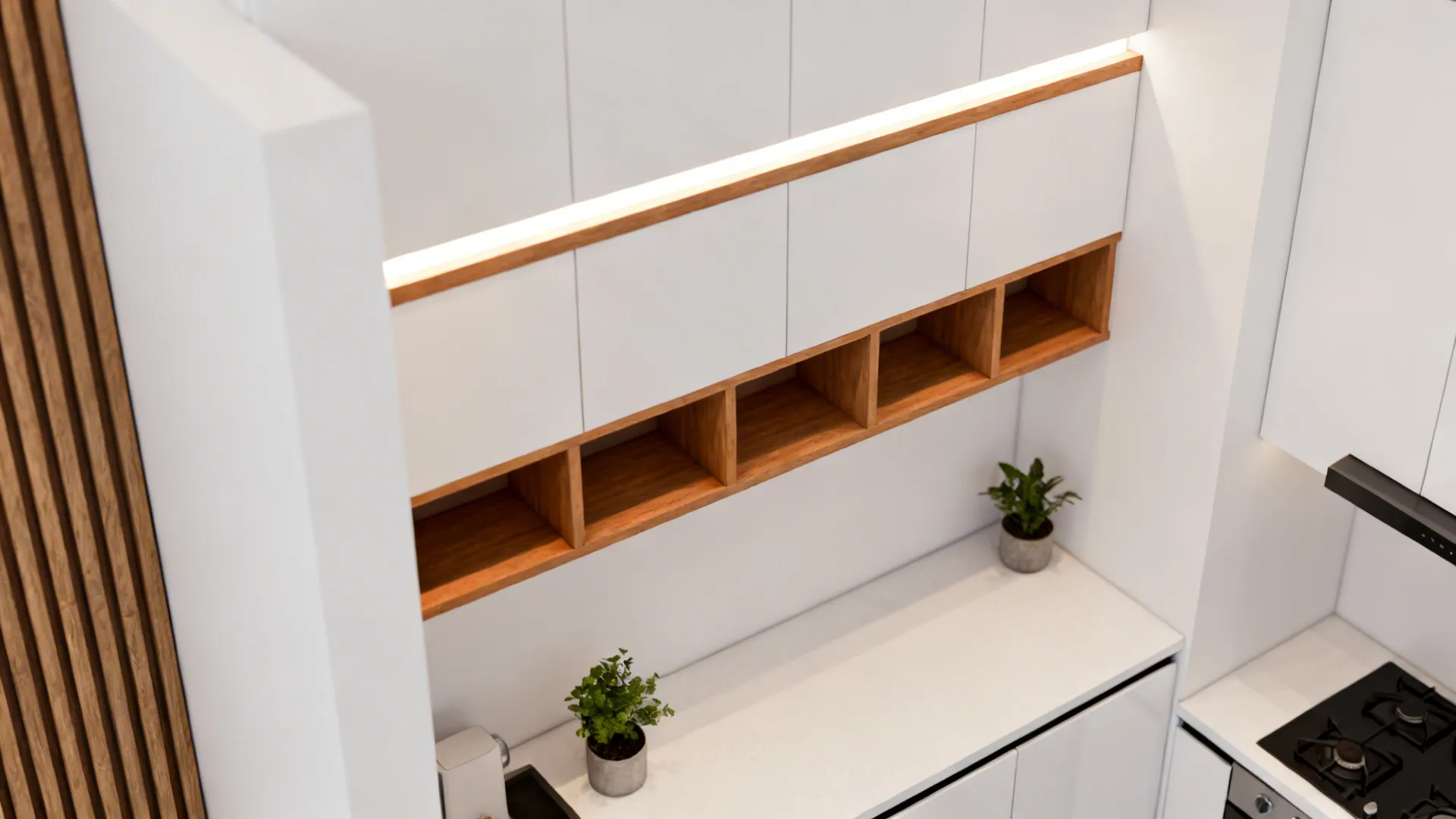 Top-down and elevation hybrid showing counter, shelf band, and lighting band in a compact kitchen.