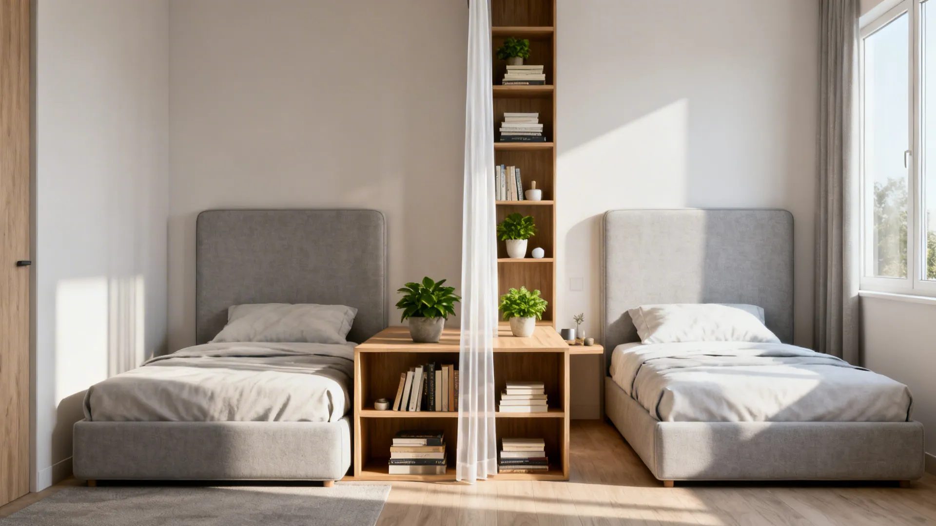 Small bedroom with low bookshelf divider and tall headboards defining separate zones between twin beds
