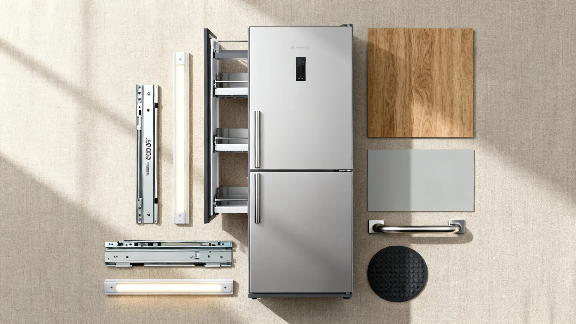 Flat lay of slim pantry hardware, roll-outs, LED strips, and finishes for fridge-side zoning.