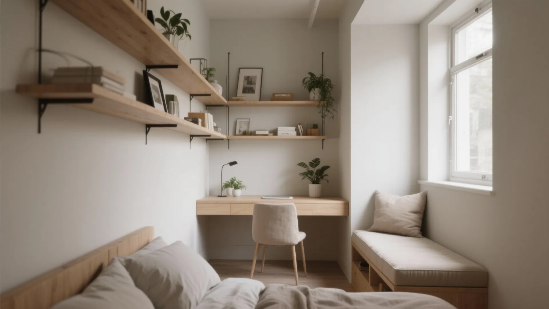 2. Vertical zoning with shelves and a reading nook