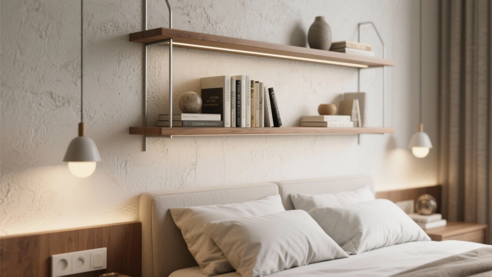 Wooden wall shelves with books and decor above white bed with two hanging light fixtures