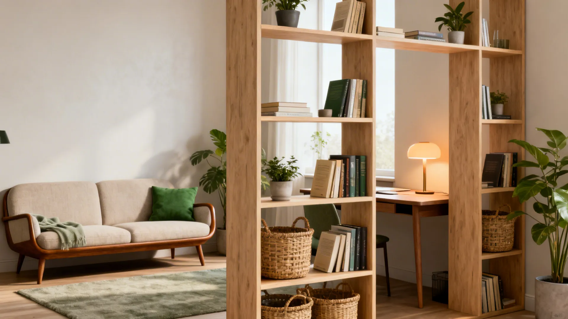 Living room with beige sofa and wooden room divider shelf next to a work desk