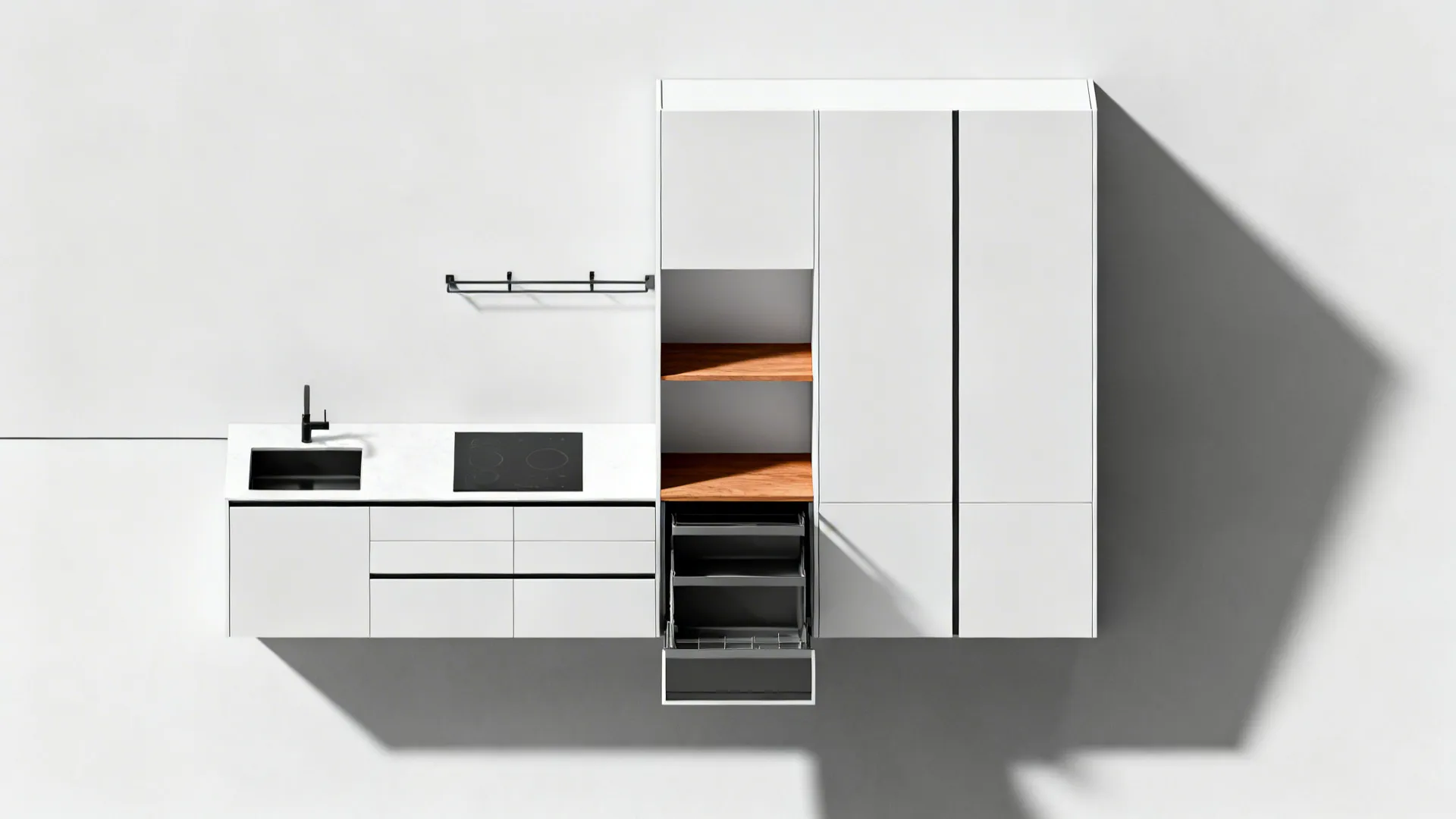 Top-down diagram-style view of work, grab, and store vertical zones in a one-slab kitchen.