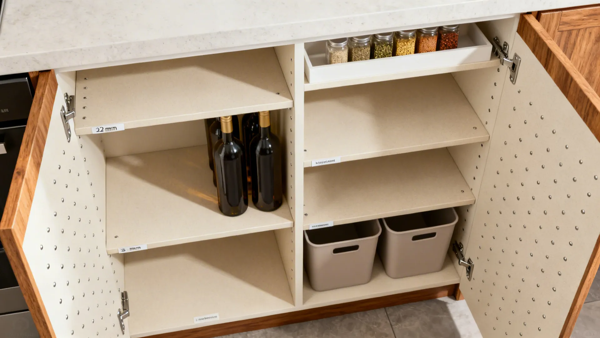 Top-down view of adjustable almirah shelves with vertical zones for bottles, pantry, and spices.
