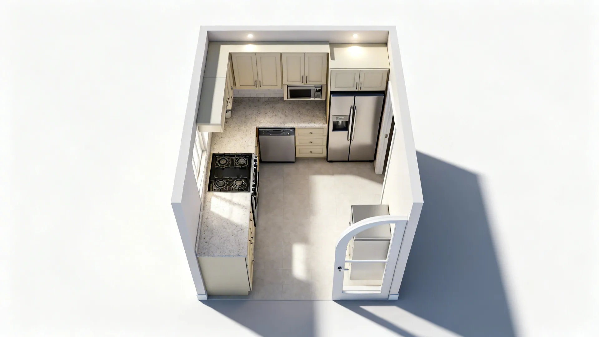 Top-down view of an 8 x 7 kitchen plan showing vertical zoning and slim appliance placement.