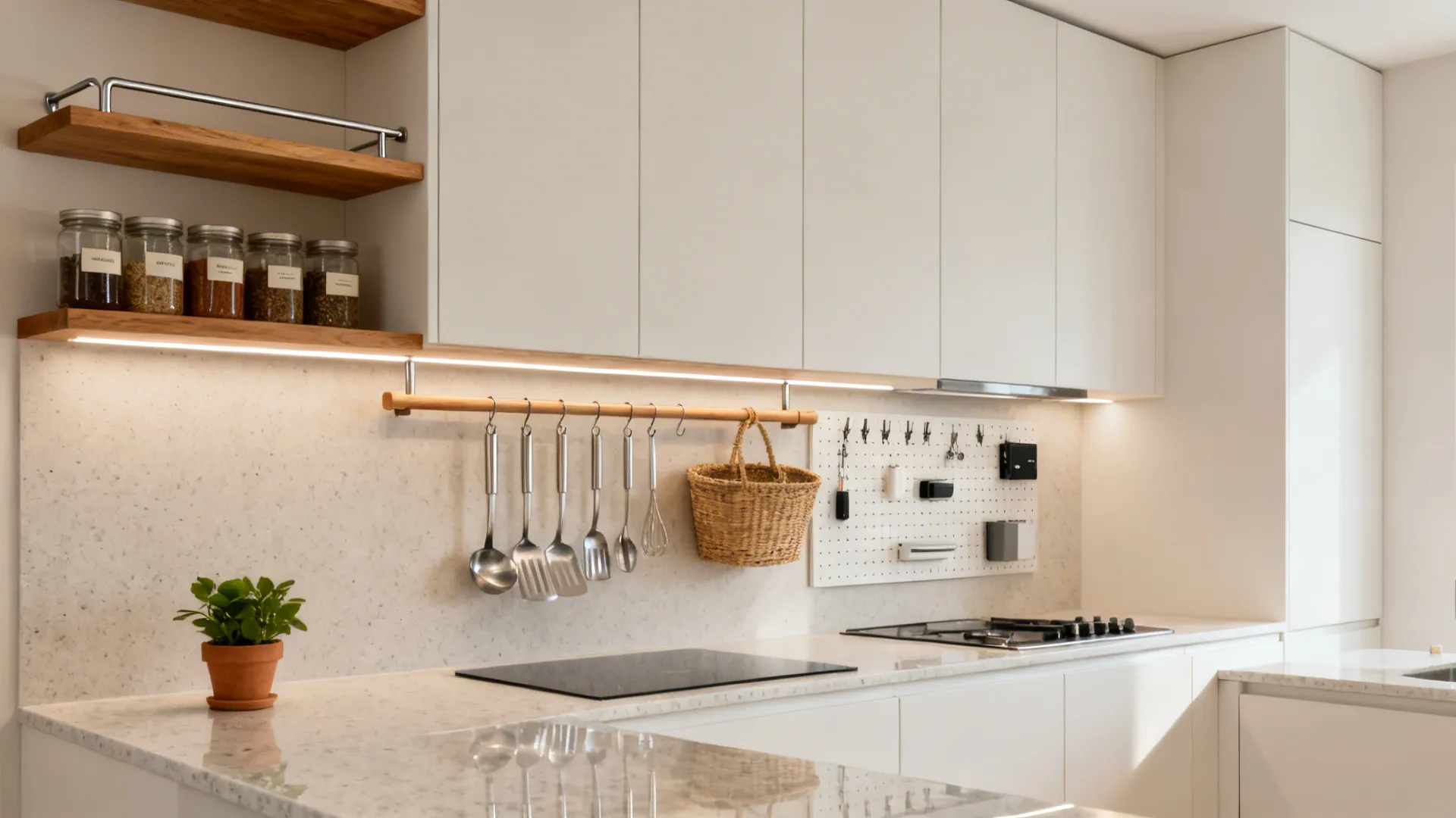 Layered wall storage with spice rails, utensil rail, and tall cabinets reaching the ceiling in a small kitchen.