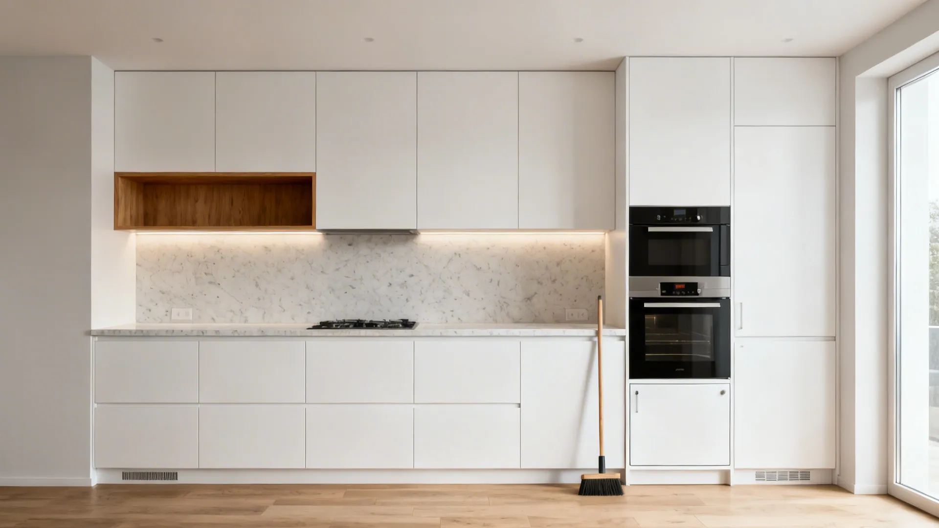 Kitchen wall showing toe-kick, base units, backsplash gap, uppers, and a tall pantry tower.