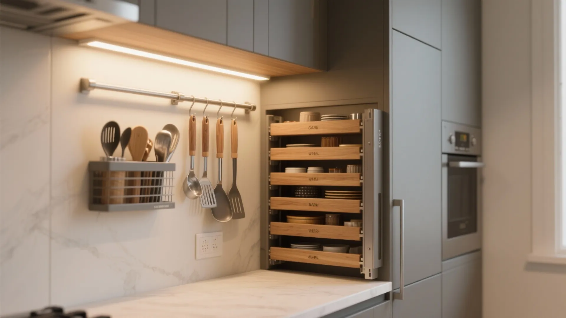 Smart Vertical Zoning: Rails, Tall Pullouts, and Task Lighting