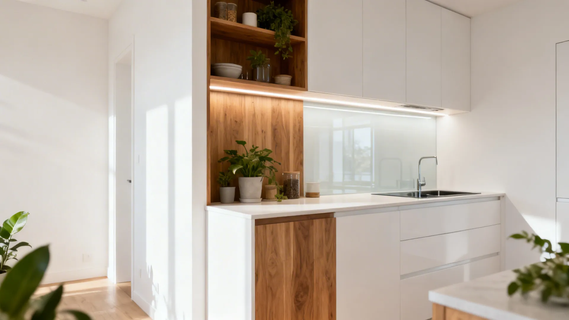 Compact kitchen with open wood shelves and concealed lighting creating vertical layers.