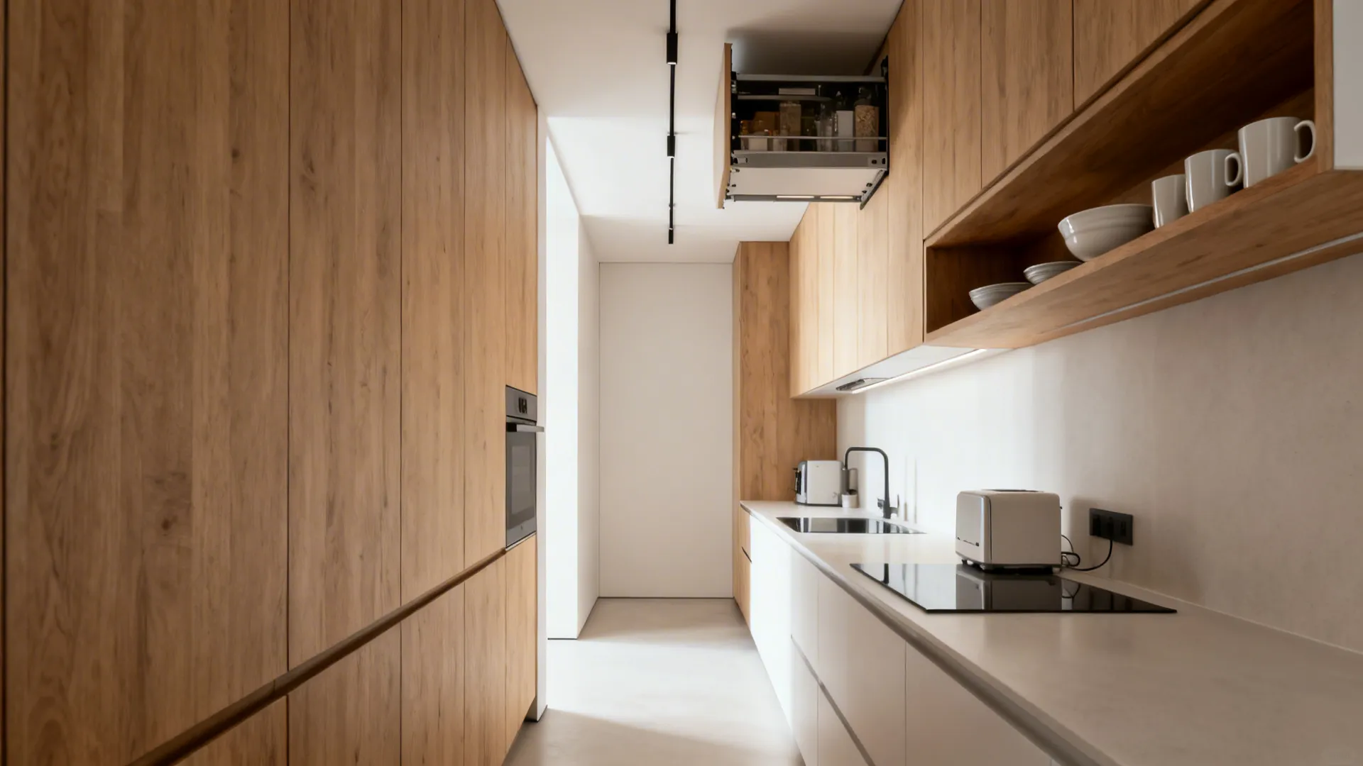 Single-wall kitchen with ceiling-height storage and one open shelf for daily items.