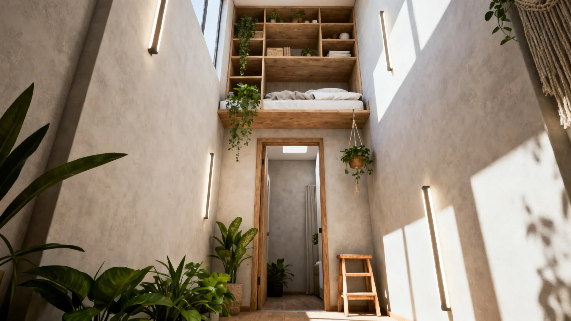 Tall shelving, hanging plants and vertical lights that draw the eye upward in a small bedroom.