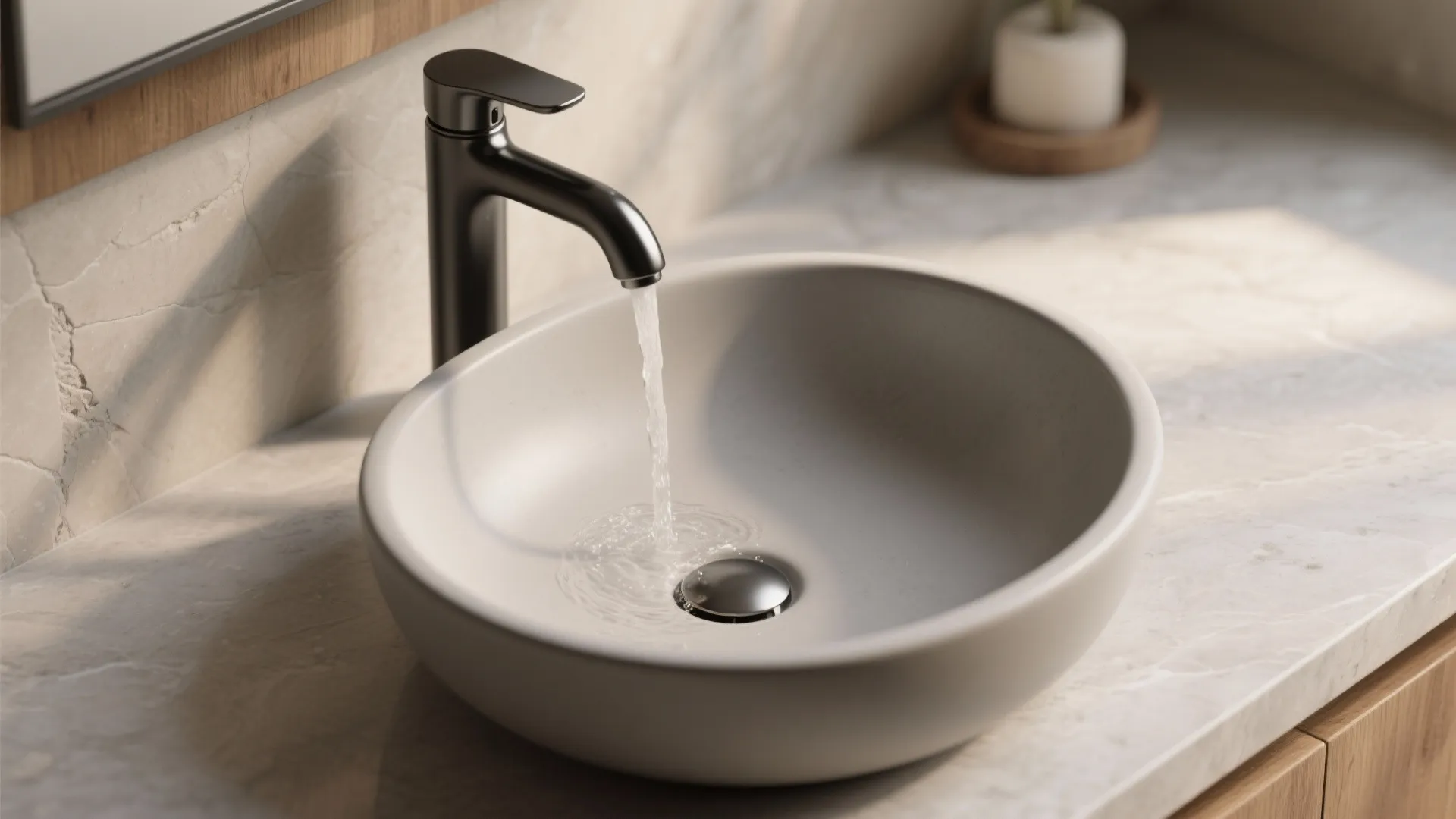 Vessel basin with offset faucet for splash control