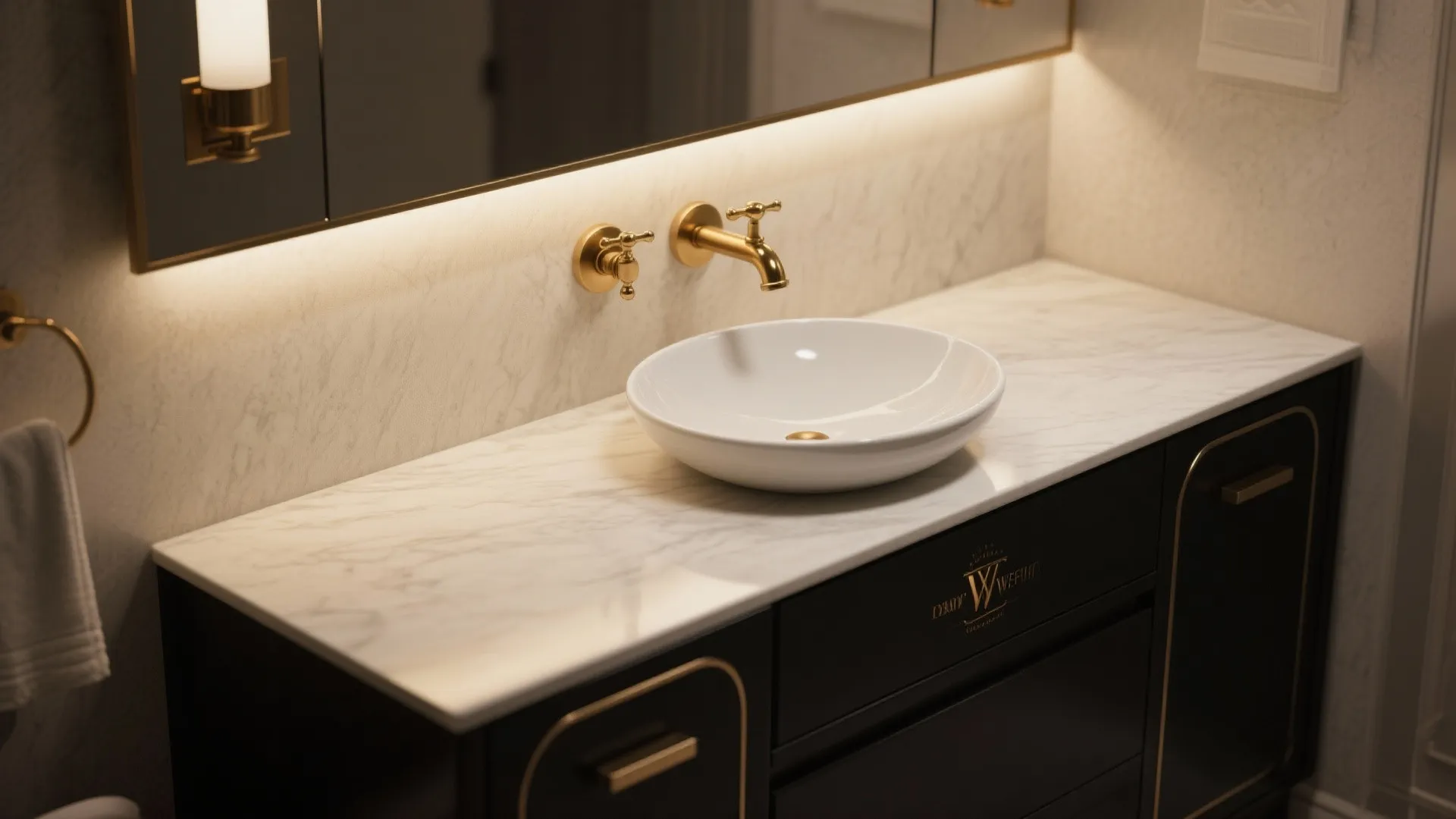 3. Black vanity with vessel sink and brass fixtures