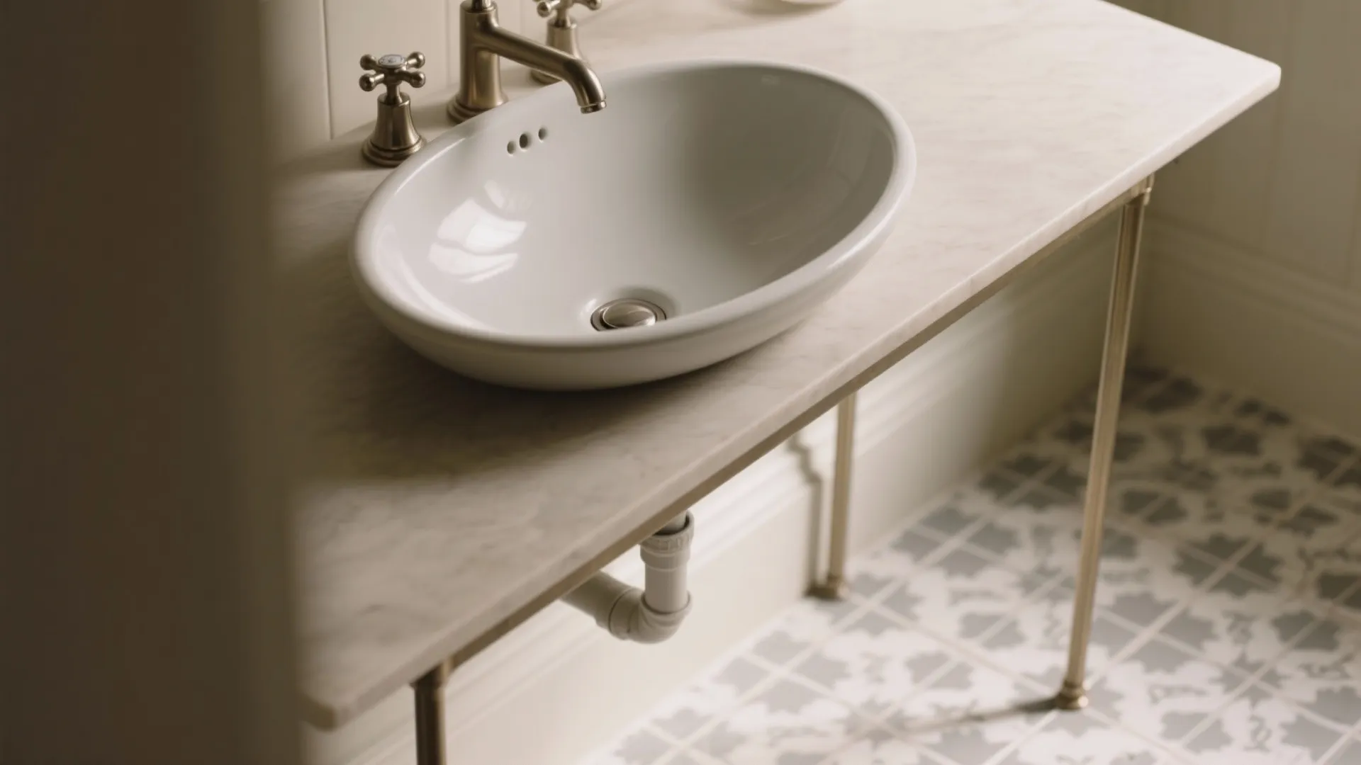 Macro view of a low-profile oval vessel on a slim console with exposed trap.