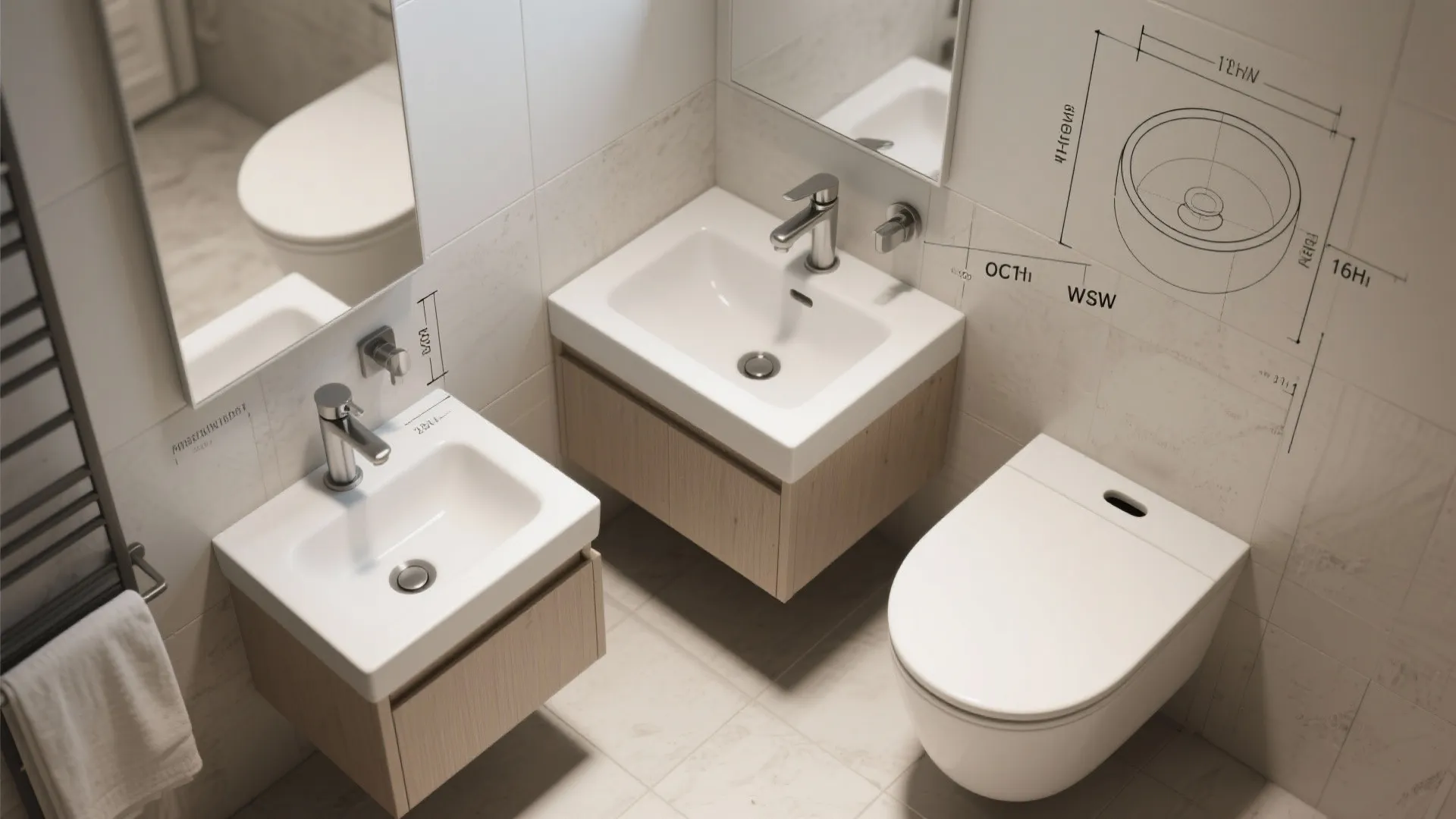 Modern bathroom interior design drawing showing two white sinks and a toilet with technical measurements