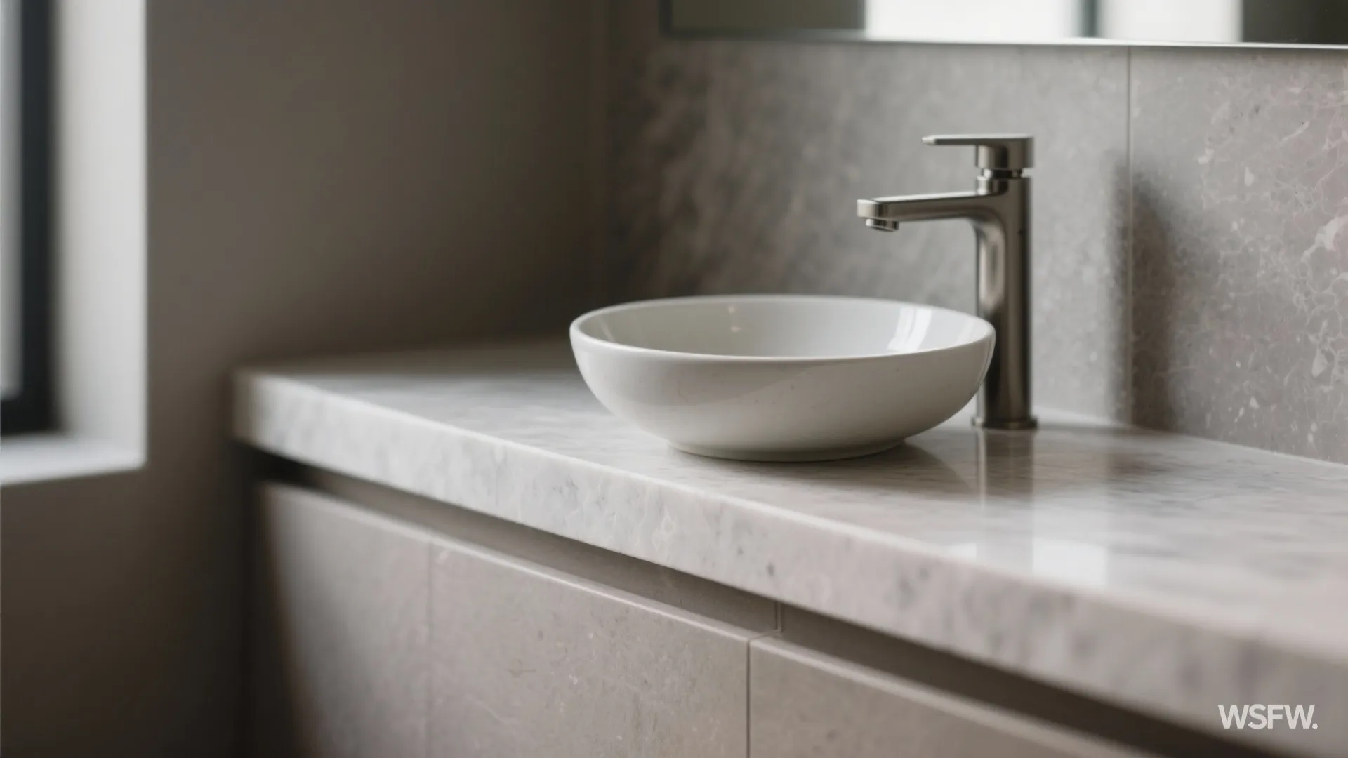 Modern white round wash basin on a marble counter top with a silver metal tap